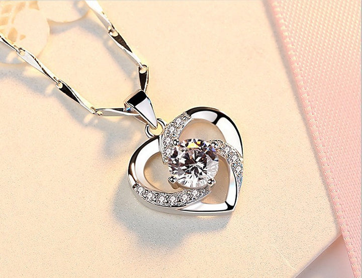 Love Heart Diamond Pendant Necklace Cupronickel White Gold Plated